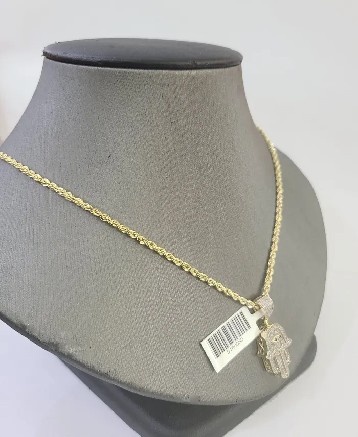 Charm Necklaces GlobalWatches10 10k Yellow Gold Diamond Hamsa Hand Charm and 20 inches Rope Chain