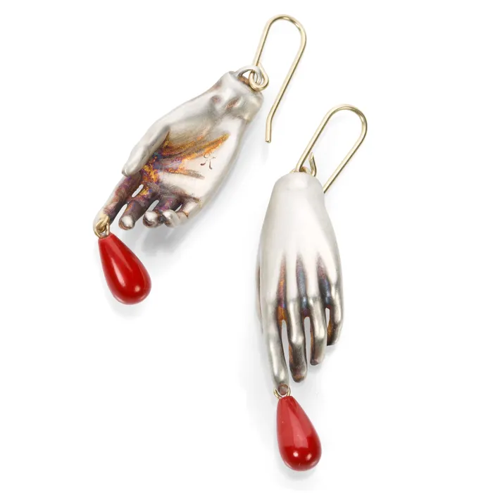 Earrings Gabriella Kiss Silver Hands with Red Drop Earrings