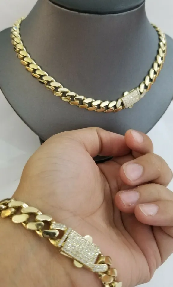 Globalwatches10 Necklaces 10k Yellow Gold Royal Miami Cuban Chain Bracelet 9 Set 10mm Monaco Necklace 24