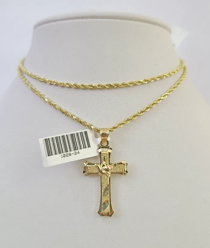 Gold and Diamond 10k Solid Rope Chain 2mm Necklace Jesus Cross Pendant Charm SET 1824 in Necklaces Gold and Diamond 10k Solid Rope Chain 2mm Necklace Jesus Cross Pendant Charm SET 1824 in Necklaces