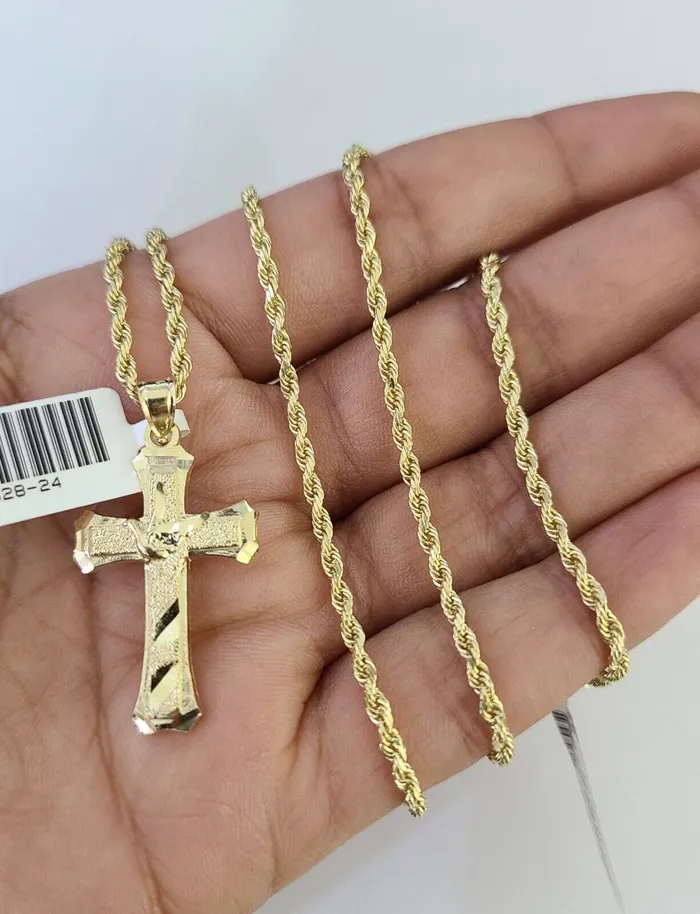 Gold and Diamond 10k Solid Rope Chain 2mm Necklace Jesus Cross Pendant Charm SET 1824 in Necklaces