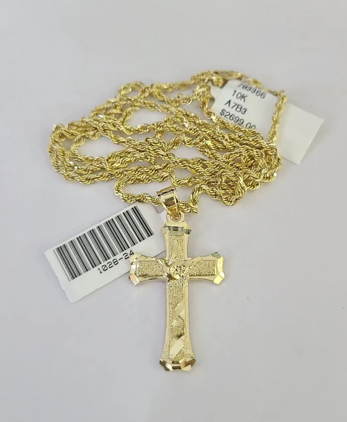 Gold and Diamond 10k Solid Rope Chain 2mm Necklace Jesus Cross Pendant Charm SET 1824 in Necklaces
