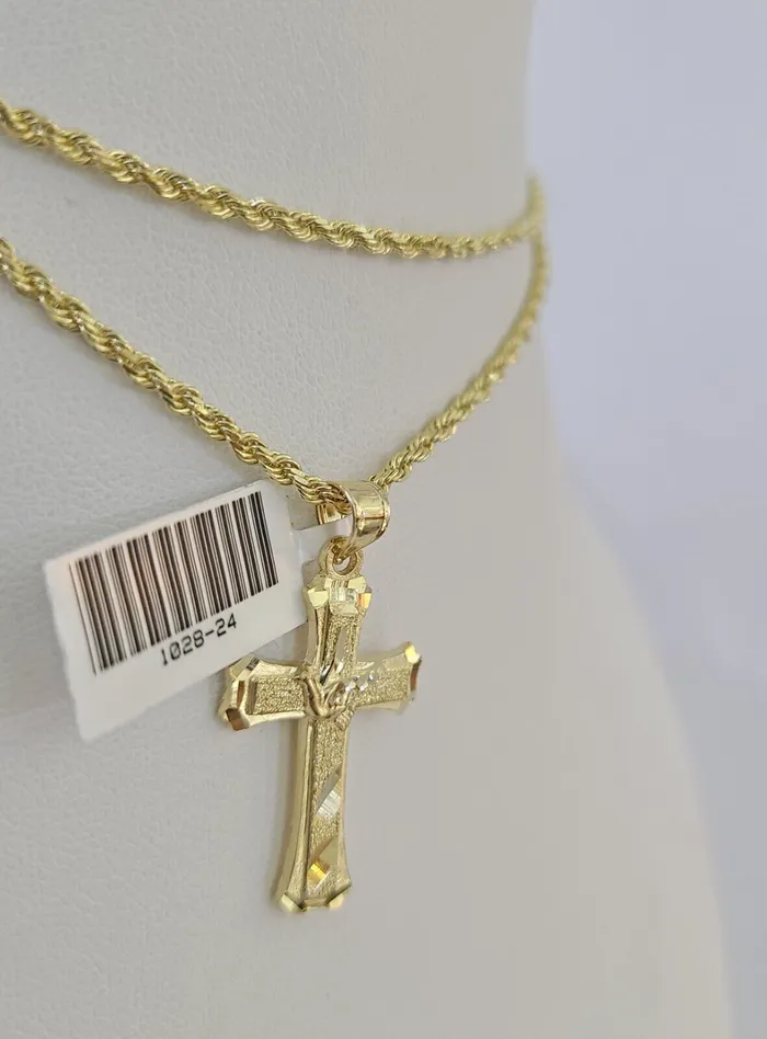 Gold and Diamond 10k Solid Rope Chain 2mm Necklace Jesus Cross Pendant Charm SET 1824 in Necklaces