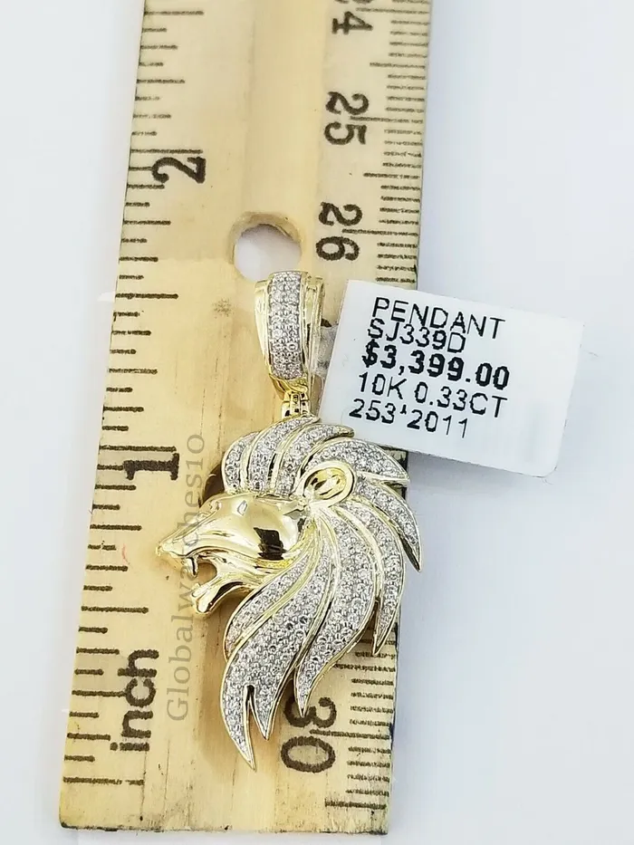 Gold and Diamond 10k Yellow Gold Mens King Lion Head CharmPendant with Real 033 CT Diamonds Necklaces