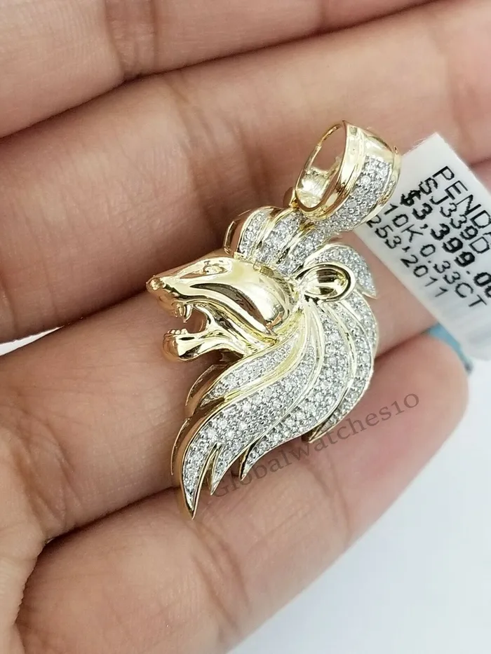 Gold and Diamond 10k Yellow Gold Mens King Lion Head CharmPendant with Real 033 CT Diamonds Necklaces
