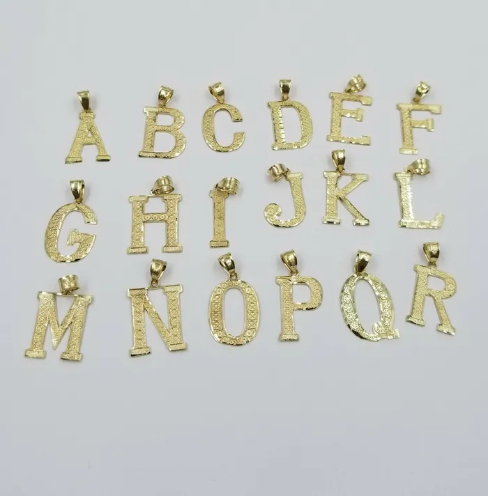 Gold and Diamond Charm Necklaces Real 10k Yellow Gold AZ Initials Alphabet Charm Pendent Diamond Cut Men Women