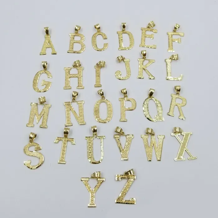 Gold and Diamond Charm Necklaces Real 10k Yellow Gold AZ Initials Alphabet Charm Pendent Diamond Cut Men Women