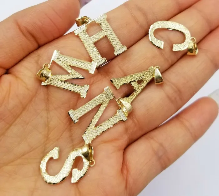 Gold and Diamond Charm Necklaces Real 10k Yellow Gold AZ Initials Alphabet Charm Pendent Diamond Cut Men Women