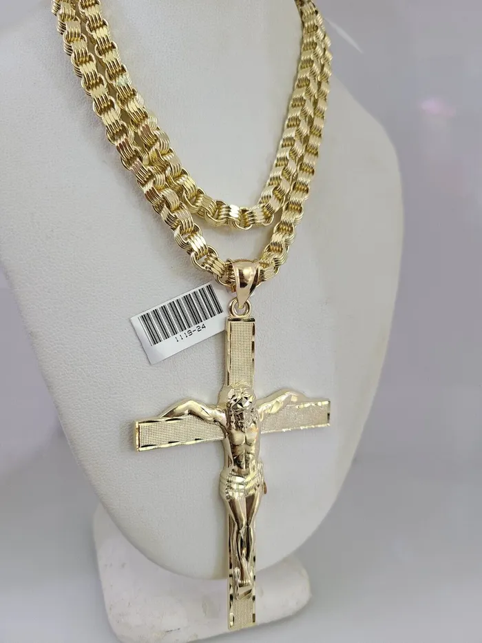 Gold and Diamond Necklaces 10k Gold Byzantine Necklace Jesus Crucifix Cross Charm 2030 inch 5mm SET Chain