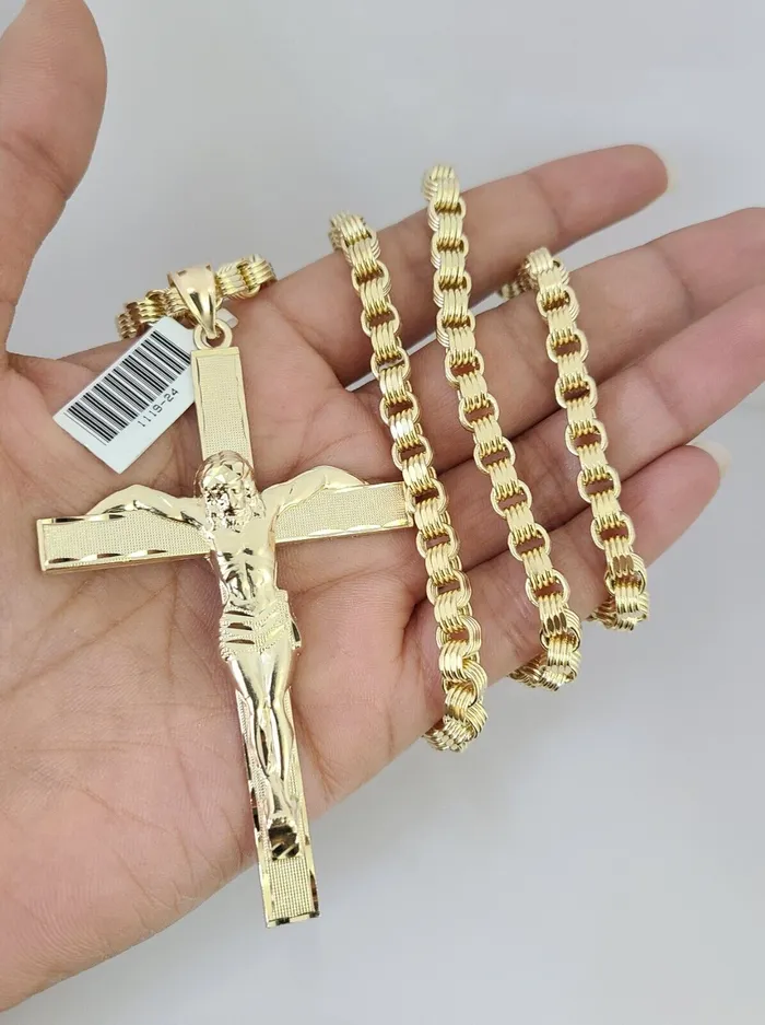 Gold and Diamond Necklaces 10k Gold Byzantine Necklace Jesus Crucifix Cross Charm 2030 inch 5mm SET Chain