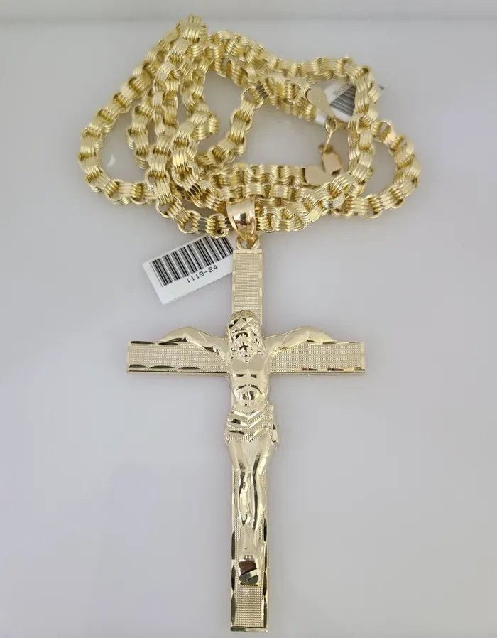 Gold and Diamond Necklaces 10k Gold Byzantine Necklace Jesus Crucifix Cross Charm 2030 inch 5mm SET Chain