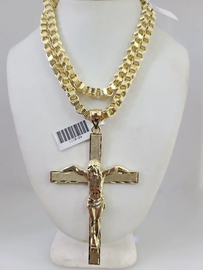 Gold and Diamond Necklaces 10k Gold Byzantine Necklace Jesus Crucifix Cross Charm 2030 inch 5mm SET Chain