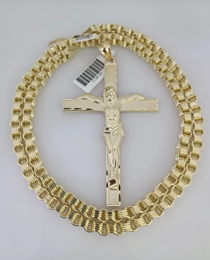 Gold and Diamond Necklaces 10k Gold Byzantine Necklace Jesus Crucifix Cross Charm 2030 inch 5mm SET Chain