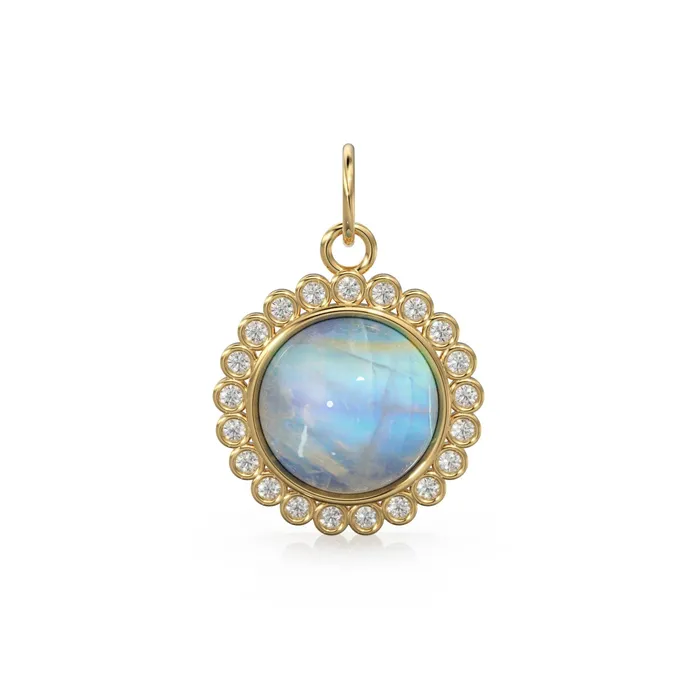 Jalvi Co Necklaces 26mm 14K Solid Yellow Gold Diamond Rainbow Moonstone Round Coin Shape Charm Necklace Pendant Jalvi Co Necklaces 26mm 14K Solid Yellow Gold Diamond Rainbow Moonstone Round Coin Shape Charm Necklace Pendant