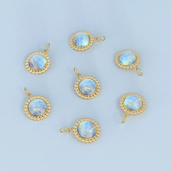 Jalvi Co Necklaces 26mm 14K Solid Yellow Gold Diamond Rainbow Moonstone Round Coin Shape Charm Necklace Pendant Jalvi Co Necklaces 26mm 14K Solid Yellow Gold Diamond Rainbow Moonstone Round Coin Shape Charm Necklace Pendant
