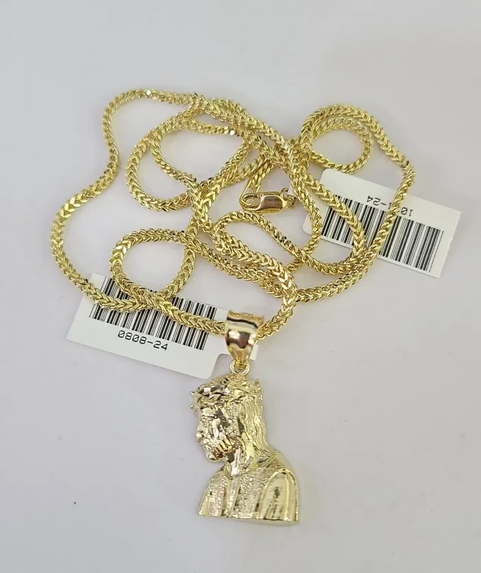 Necklaces Gold and Diamond 10K Franco Chain Jesus Head Pendant Charm Necklace 1624 2mm Yellow Gold SET Necklaces Gold and Diamond 10K Franco Chain Jesus Head Pendant Charm Necklace 1624 2mm Yellow Gold SET