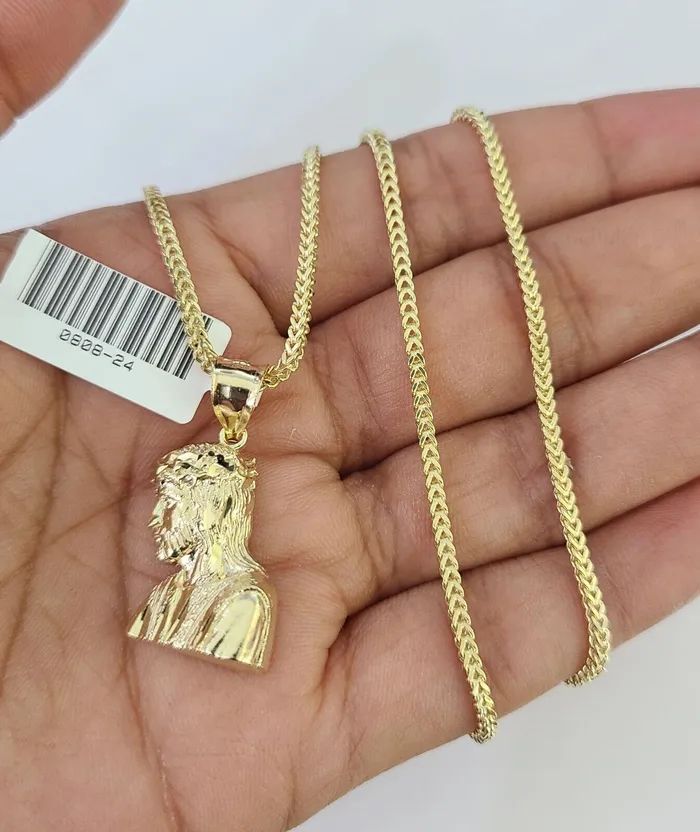 Necklaces Gold and Diamond 10K Franco Chain Jesus Head Pendant Charm Necklace 1624 2mm Yellow Gold SET