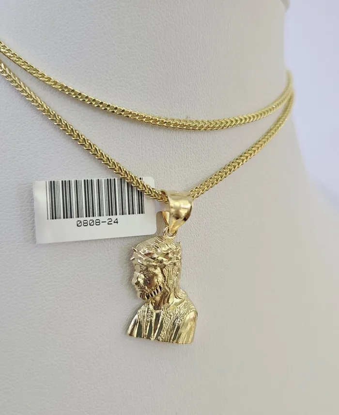 Necklaces Gold and Diamond 10K Franco Chain Jesus Head Pendant Charm Necklace 1624 2mm Yellow Gold SET