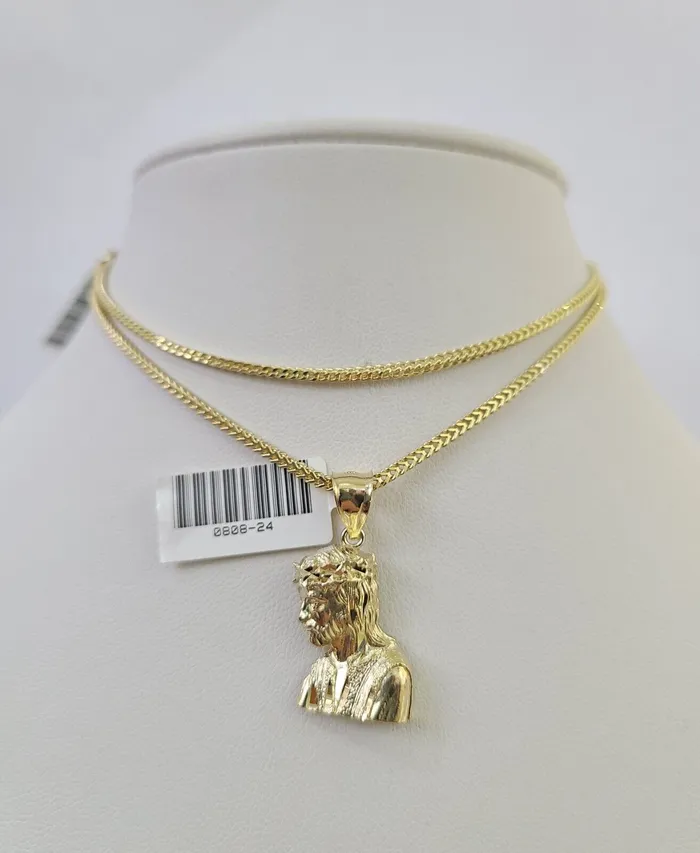 Necklaces Gold and Diamond 10K Franco Chain Jesus Head Pendant Charm Necklace 1624 2mm Yellow Gold SET