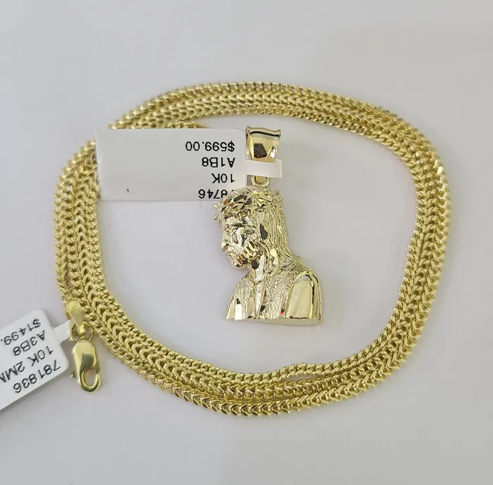 Necklaces Gold and Diamond 10K Franco Chain Jesus Head Pendant Charm Necklace 1624 2mm Yellow Gold SET
