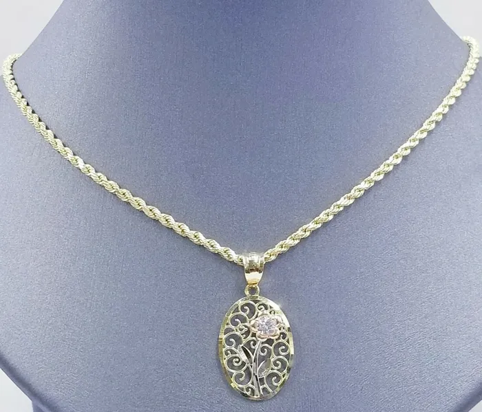 Necklaces Gold and Diamond 10k Yellow Gold Rope Chain Flower Pendant Diamond cut 18 20 22 24 26 28