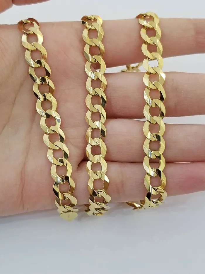 Solid 9mm 14k Gold Cuban curb Link chain Necklace 22 Inch Real 14kt Yellow Gold Gold and Diamond Necklaces