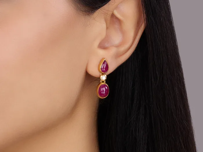 Earrings GG GOLD OOAK GURHAN Rune Gold Ruby Single Drop Earrings Oval and Teardrop Stones Earrings GG GOLD OOAK GURHAN Rune Gold Ruby Single Drop Earrings Oval and Teardrop Stones