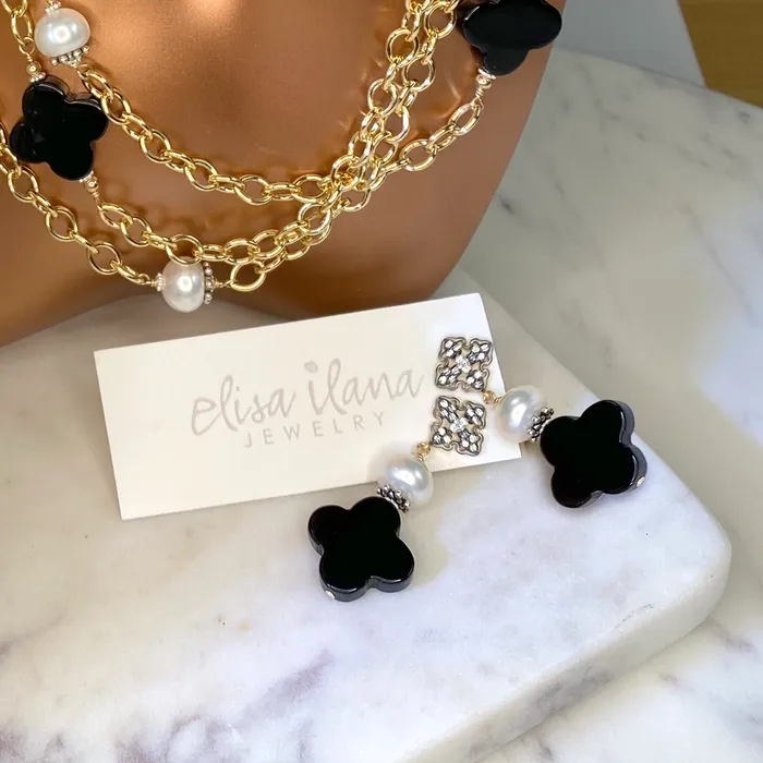 Earrings Onyx Quatrefoil Button Pearl Earrings Elisa Ilana