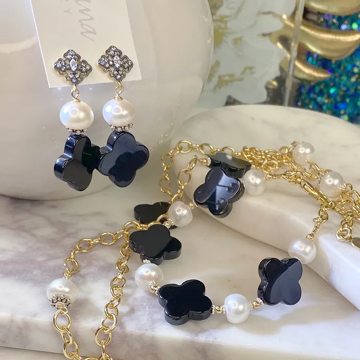 Earrings Onyx Quatrefoil Button Pearl Earrings Elisa Ilana Earrings Onyx Quatrefoil Button Pearl Earrings Elisa Ilana
