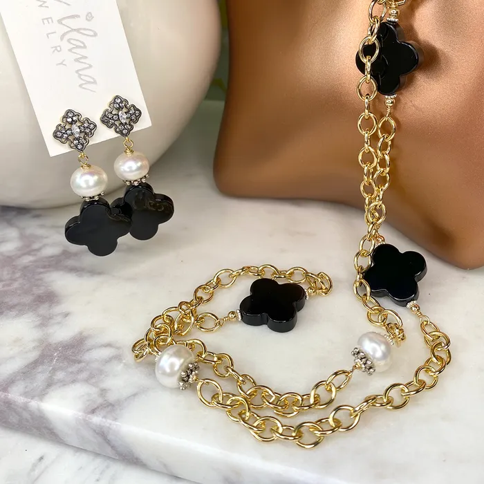 Earrings Onyx Quatrefoil Button Pearl Earrings Elisa Ilana Earrings Onyx Quatrefoil Button Pearl Earrings Elisa Ilana
