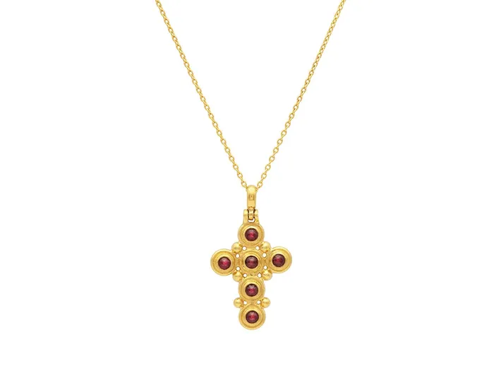 Necklaces GG GOLD TRAD GURHAN Cross Gold Pendant Necklace Gold Granulations with Ruby Necklaces GG GOLD TRAD GURHAN Cross Gold Pendant Necklace Gold Granulations with Ruby