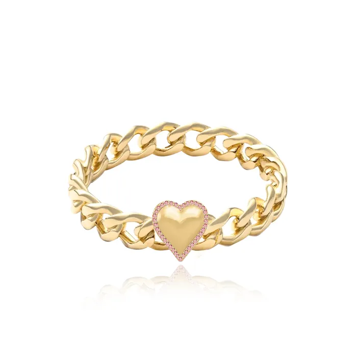 Puffy Gold Heart with Pink Sapphire Pave Outline Cuban Ring Alev Jewelry Rings Puffy Gold Heart with Pink Sapphire Pave Outline Cuban Ring Alev Jewelry Rings