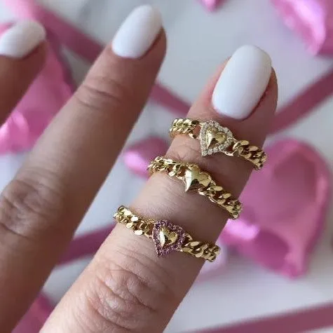 Puffy Gold Heart with Pink Sapphire Pave Outline Cuban Ring Alev Jewelry Rings