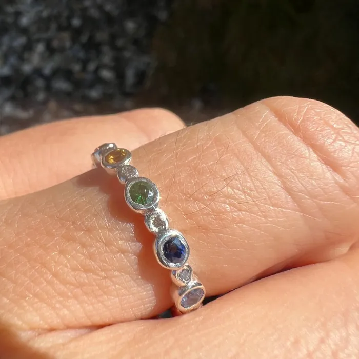 Rings Emily Amey Jewelry Sapphire and Diamond Rainbow Band in Sterling Silver
