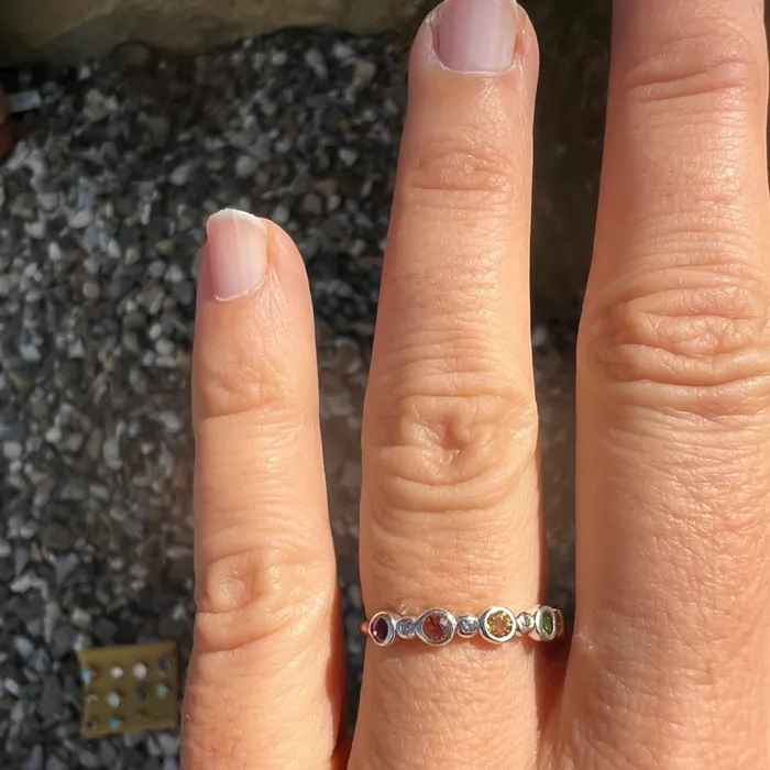 Rings Emily Amey Jewelry Sapphire and Diamond Rainbow Band in Sterling Silver
