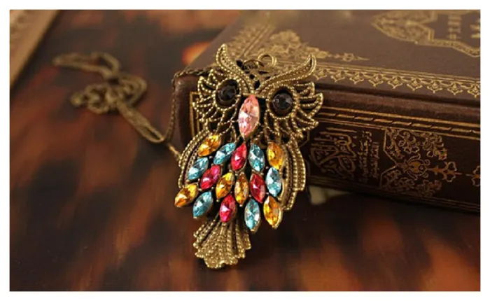 sparklingselections Necklaces Retro Vintage Colorful Rhinestone Bronze Owl Pendant Necklace