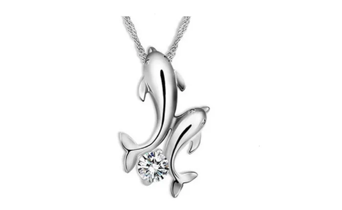 sparklingselections Necklaces Silver Plated Double Dolphin Rhinestone Short Chain Pendant Necklace sparklingselections Necklaces Silver Plated Double Dolphin Rhinestone Short Chain Pendant Necklace