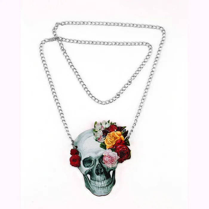 sparklingselections Necklaces Wood Acrylic Rose Skull Skeleton Pendant Unisex Chain Necklace sparklingselections Necklaces Wood Acrylic Rose Skull Skeleton Pendant Unisex Chain Necklace