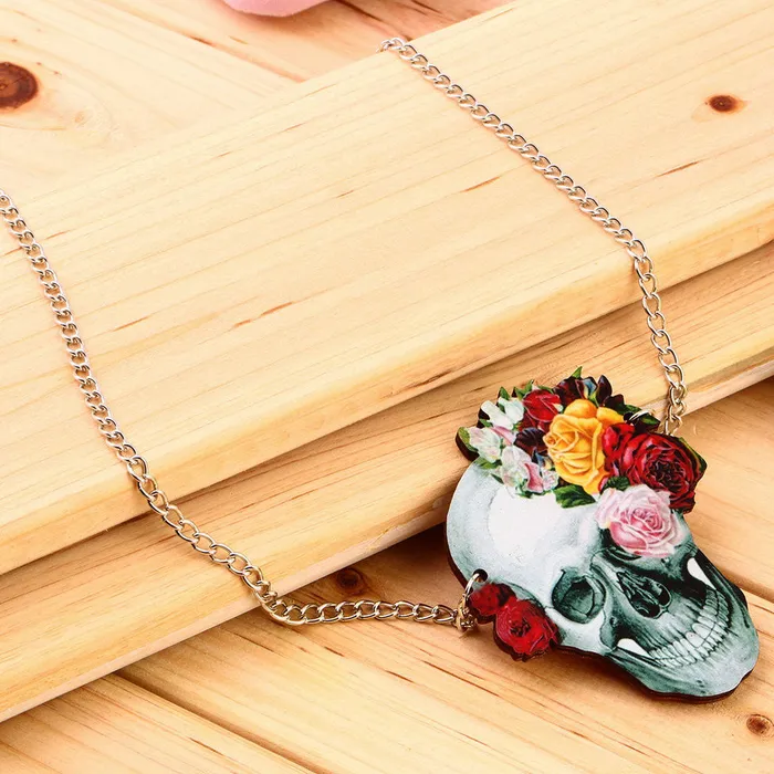 sparklingselections Necklaces Wood Acrylic Rose Skull Skeleton Pendant Unisex Chain Necklace sparklingselections Necklaces Wood Acrylic Rose Skull Skeleton Pendant Unisex Chain Necklace