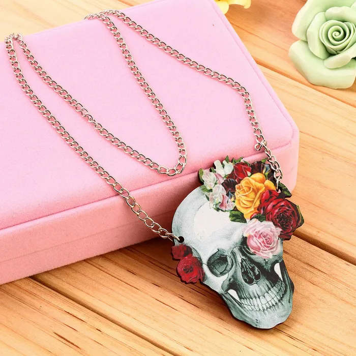 sparklingselections Necklaces Wood Acrylic Rose Skull Skeleton Pendant Unisex Chain Necklace sparklingselections Necklaces Wood Acrylic Rose Skull Skeleton Pendant Unisex Chain Necklace