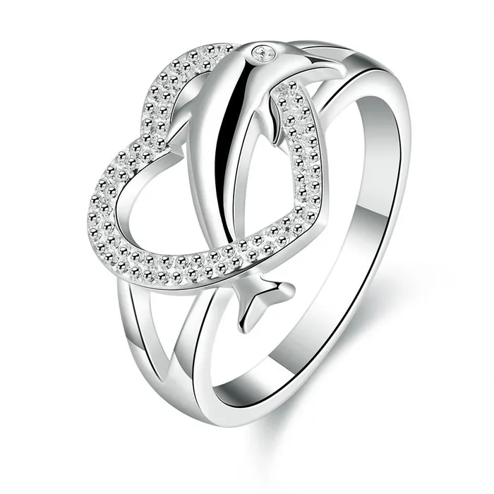 sparklingselections Rings Silver Plated Dolphin Heart Ring For Women