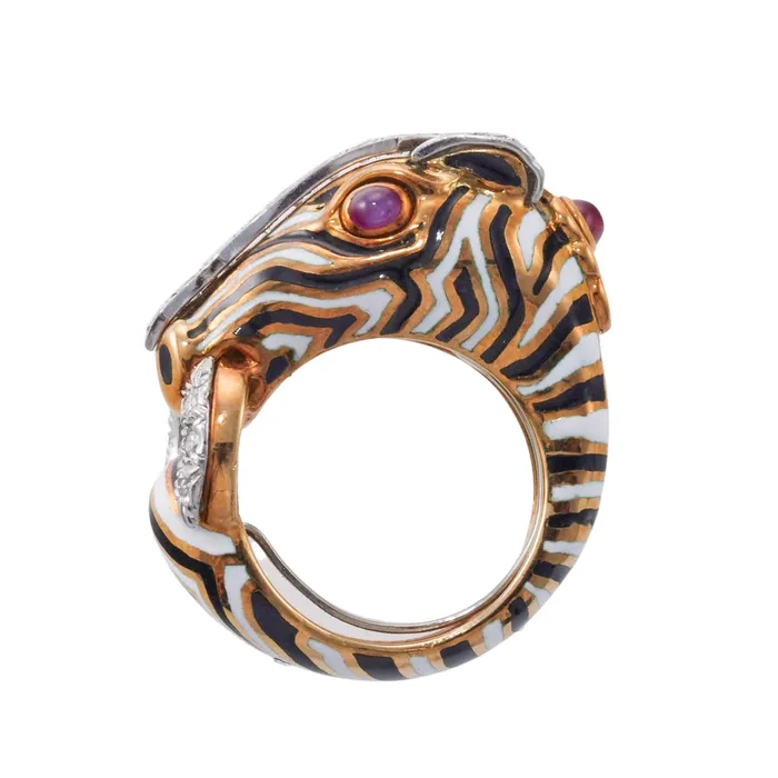 David Webb David Web Diamond Ruby Gold Platinum Enamel Zebra Ring Rings