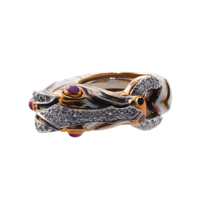 David Webb David Web Diamond Ruby Gold Platinum Enamel Zebra Ring Rings