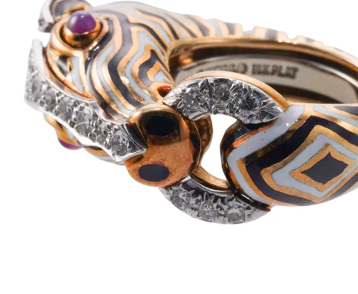 David Webb David Web Diamond Ruby Gold Platinum Enamel Zebra Ring Rings