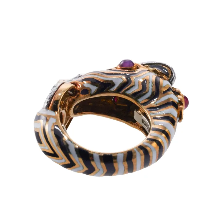 David Webb David Web Diamond Ruby Gold Platinum Enamel Zebra Ring Rings
