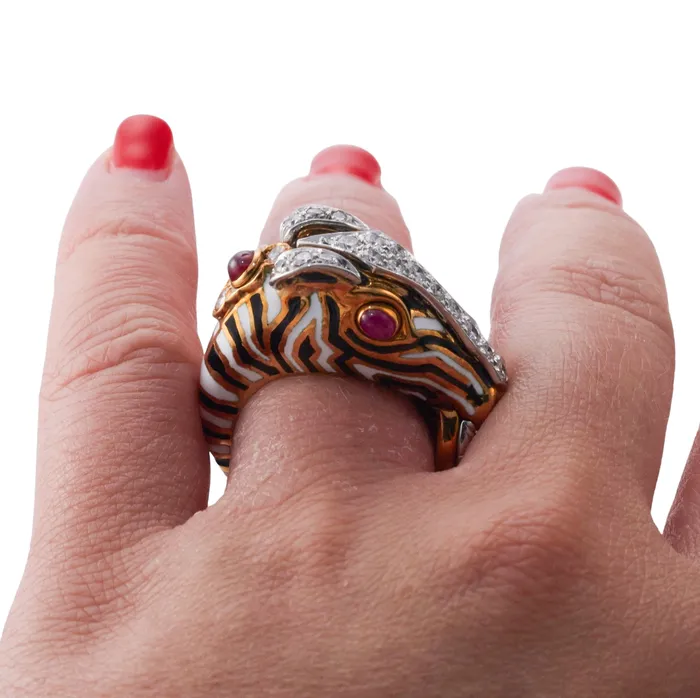David Webb David Web Diamond Ruby Gold Platinum Enamel Zebra Ring Rings