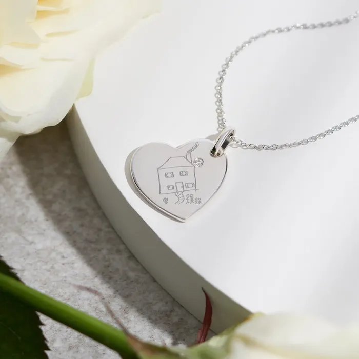 EverWith Necklaces EverWith Engraved Heart Drawings Memorial Pendant with Fine Crystal