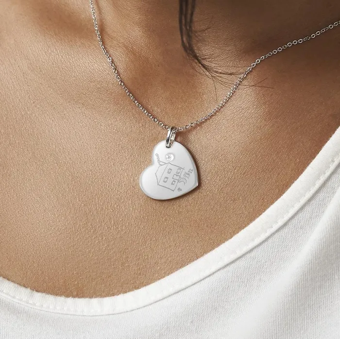 EverWith Necklaces EverWith Engraved Heart Drawings Memorial Pendant with Fine Crystal