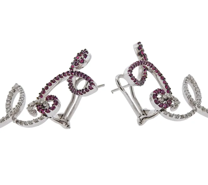 Not Signed Earrings Italian Gold Diamond Ruby Long Cocktail Earrings