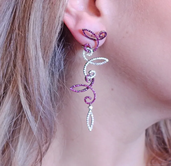 Not Signed Earrings Italian Gold Diamond Ruby Long Cocktail Earrings